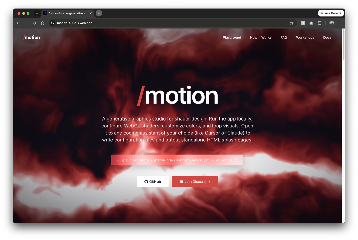Motion interactive WebGL shader sandbox