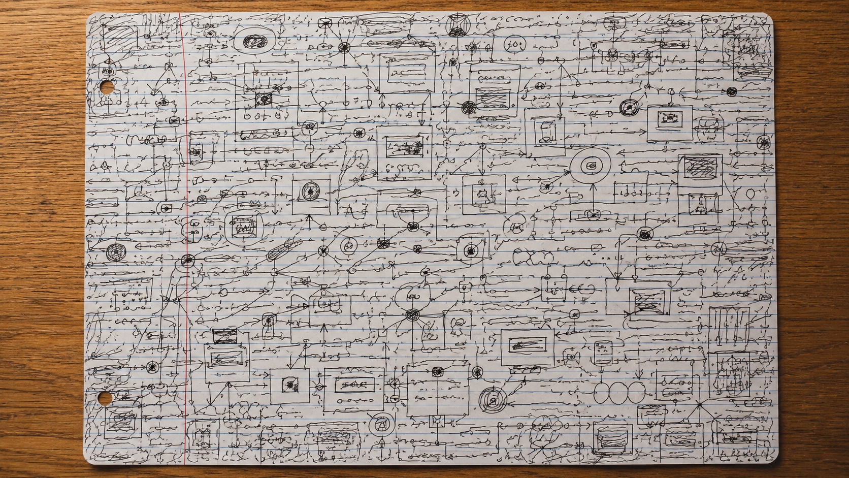 A notebook page filled edge to edge with abstract task marks crossing its margin