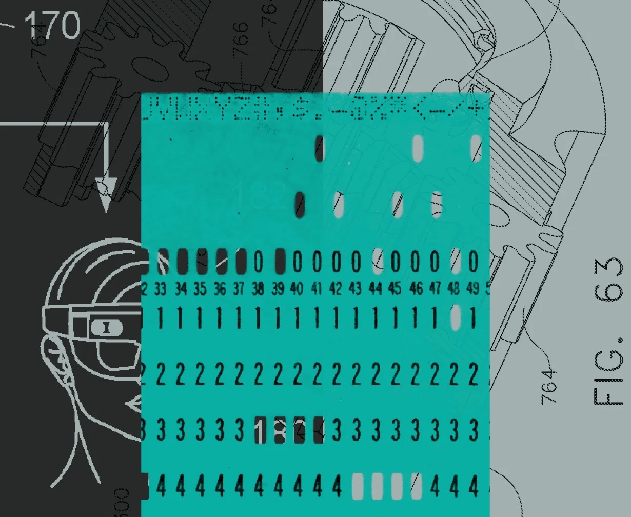 Official artwork from TypeSafe's introduction of JEV, combining punched cards and mechanical drawings