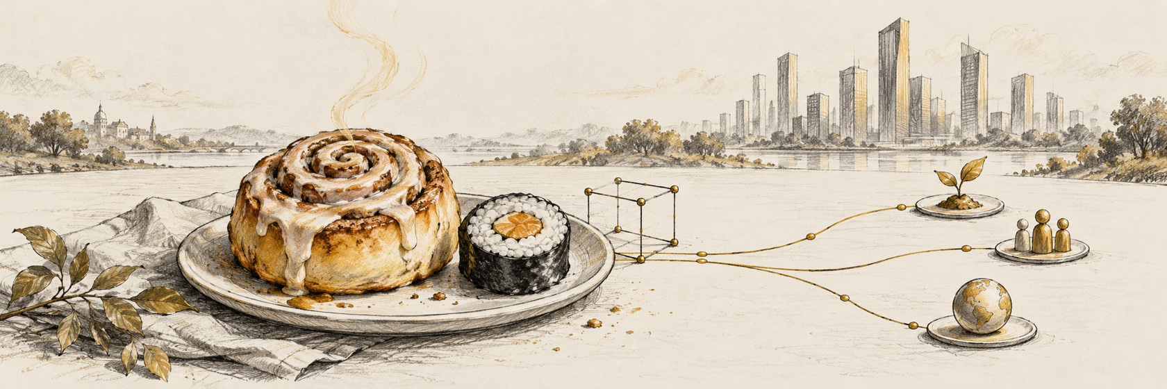 A cinnamon roll and sushi roll beside a decision cube, with corporate towers in the distance