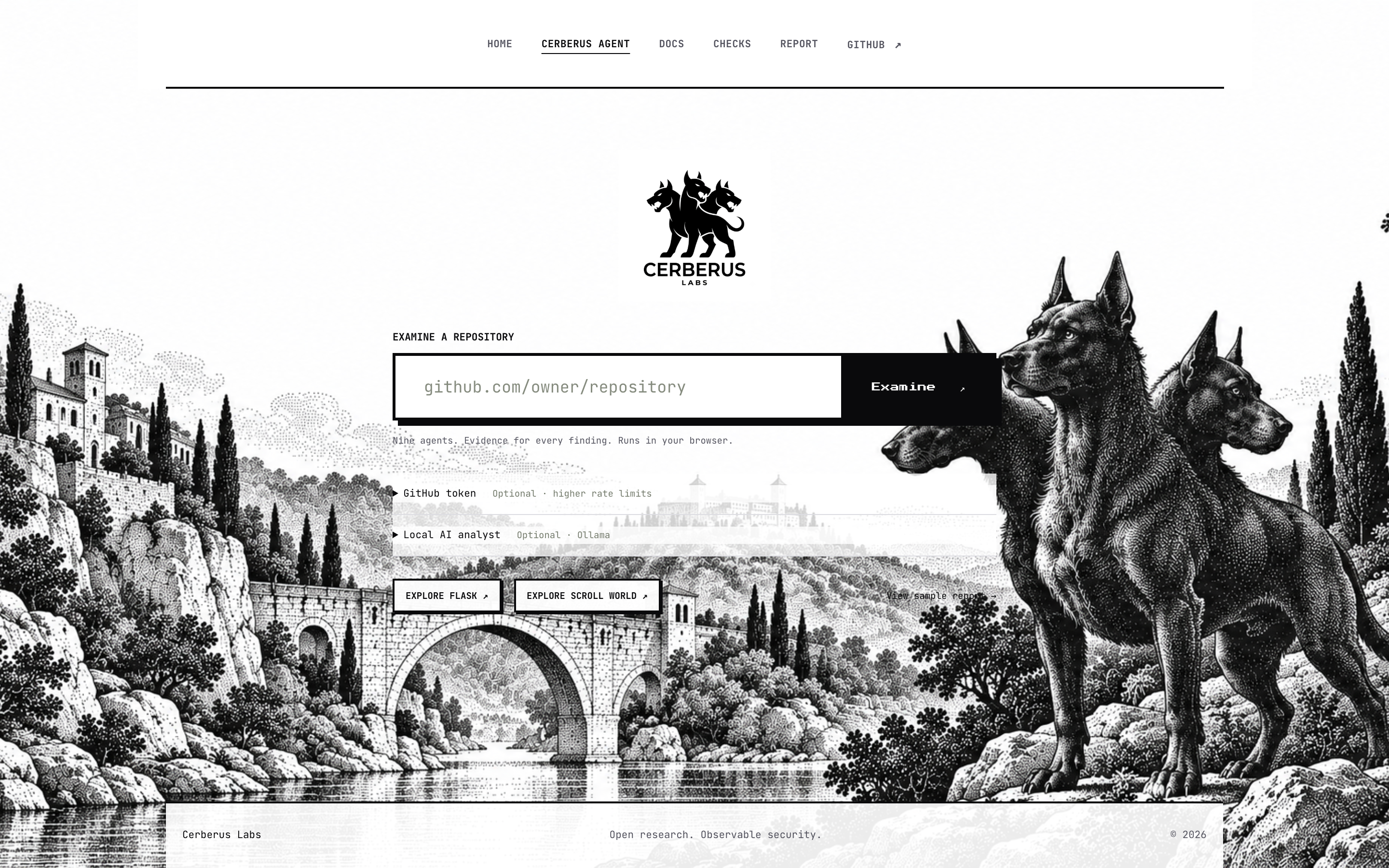 Cerberus browser-based repository security agent examination interface preview